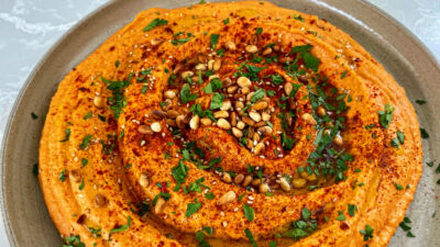 Meliz Cooks Smoky Roasted Garlic and Red Pepper Hummus
