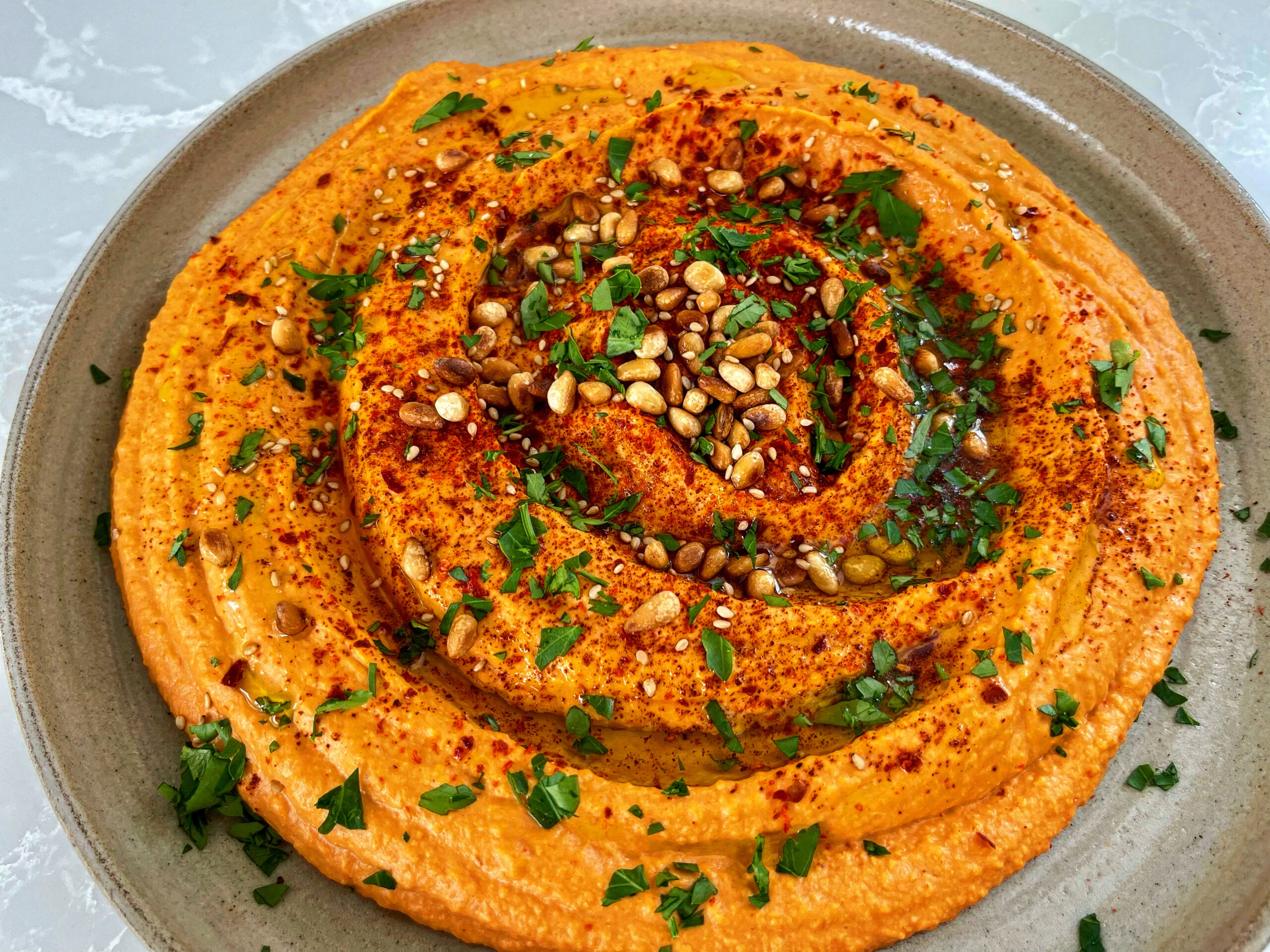 Meliz Cooks Smoky Roasted Garlic and Red Pepper Hummus